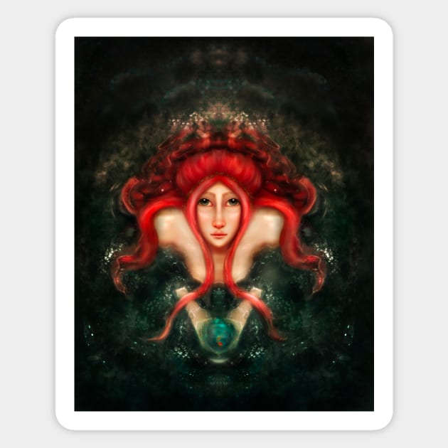 Red Hair Little Mermaid In the Ocean Holding Gold Fish Sticker by penandbea